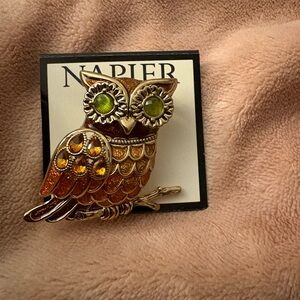 Napier Owl Brooch with Green and Yellow Details